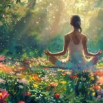 painting woman meditating forest with flowers sun shining through her eyes 1064589 152061